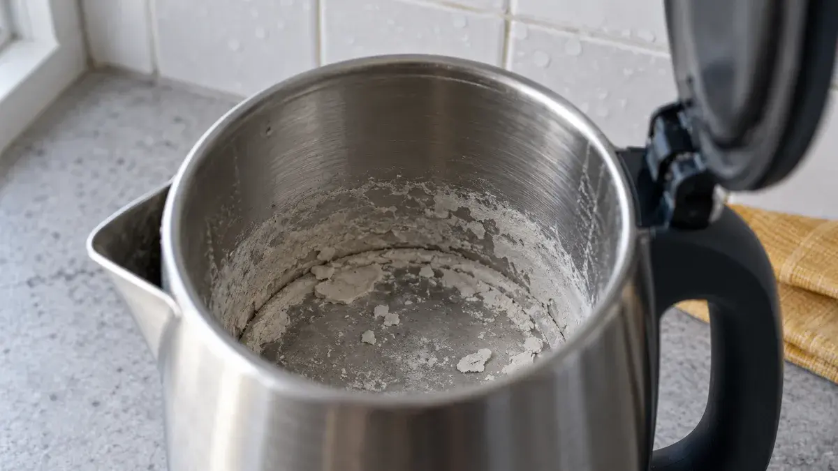 Åben elkedel i rustfrit stål med tykke hvide kalkaflejringer og løse kalkflager i bunden, på en grå køkkenbordplade foran hvide fliser