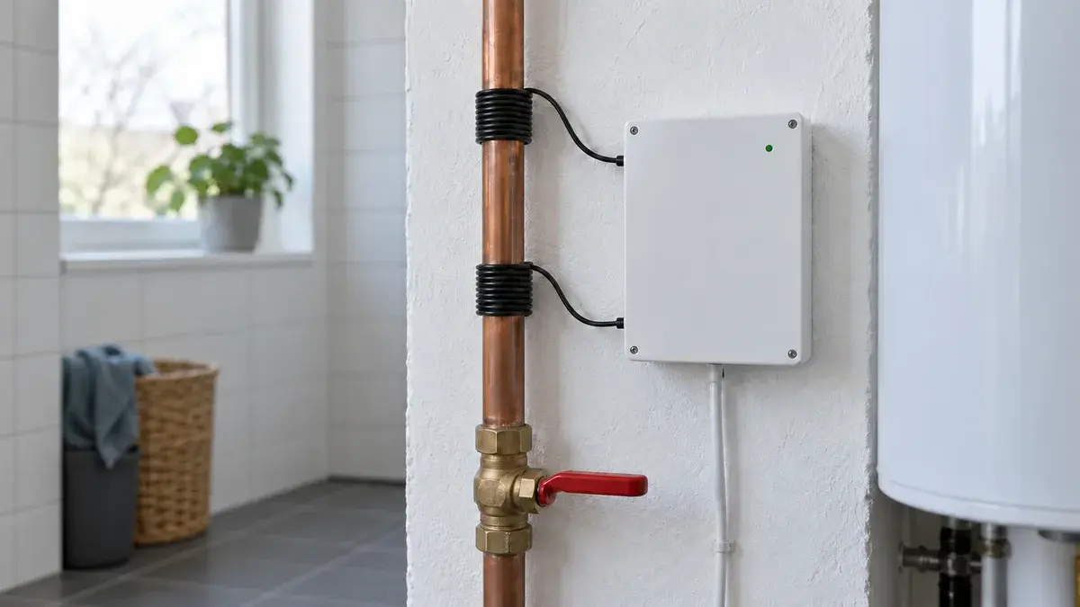 Elektronisk kalkspalter i et bryggers: tynd ledning viklet i to spoler uden om et helt kobberrør, forbundet til en lille lysegrå boks på væggen, med en messing-afspærringsventil med rødt håndtag længere nede