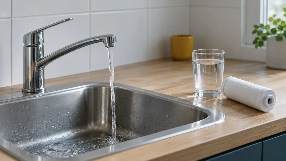 Køkkenhane i krom med rindende vand i en stålvask, et glas vand og en hvid filterpatron på bordpladen af træ